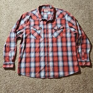 Wrangler Shirt Mens 3XL Long Sleeve Red Plaid Check Cowboy Western